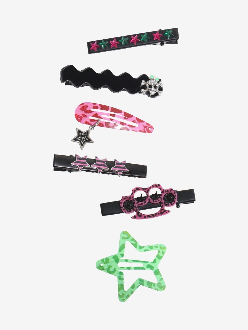 Star & Skull Hair Clip Set in Pink, Black & Green